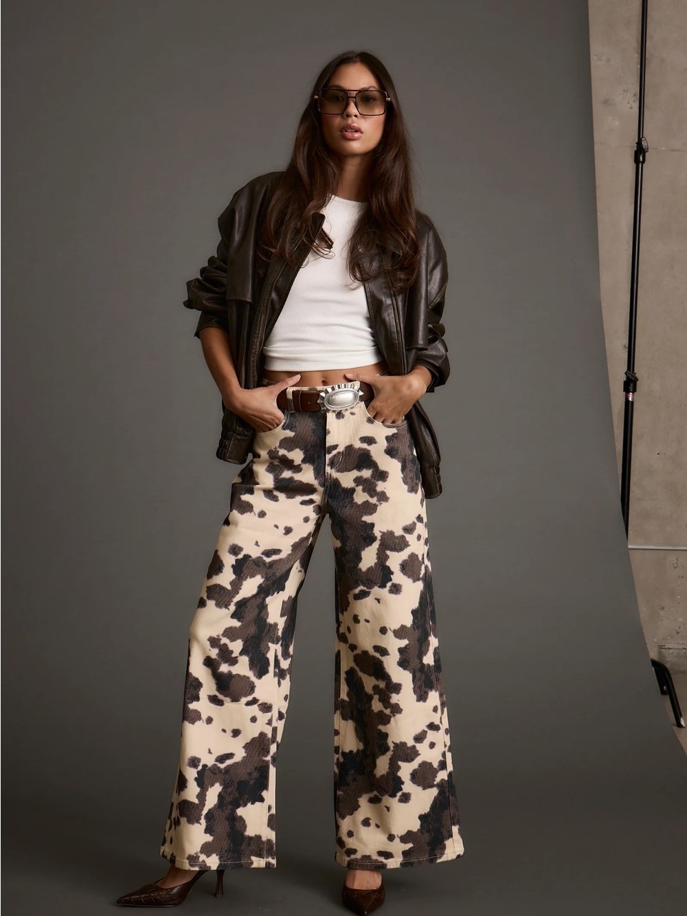 12th Tribe Midland Wide Leg Cow Print Pants in Cream & Brown - Picture 4 of 7